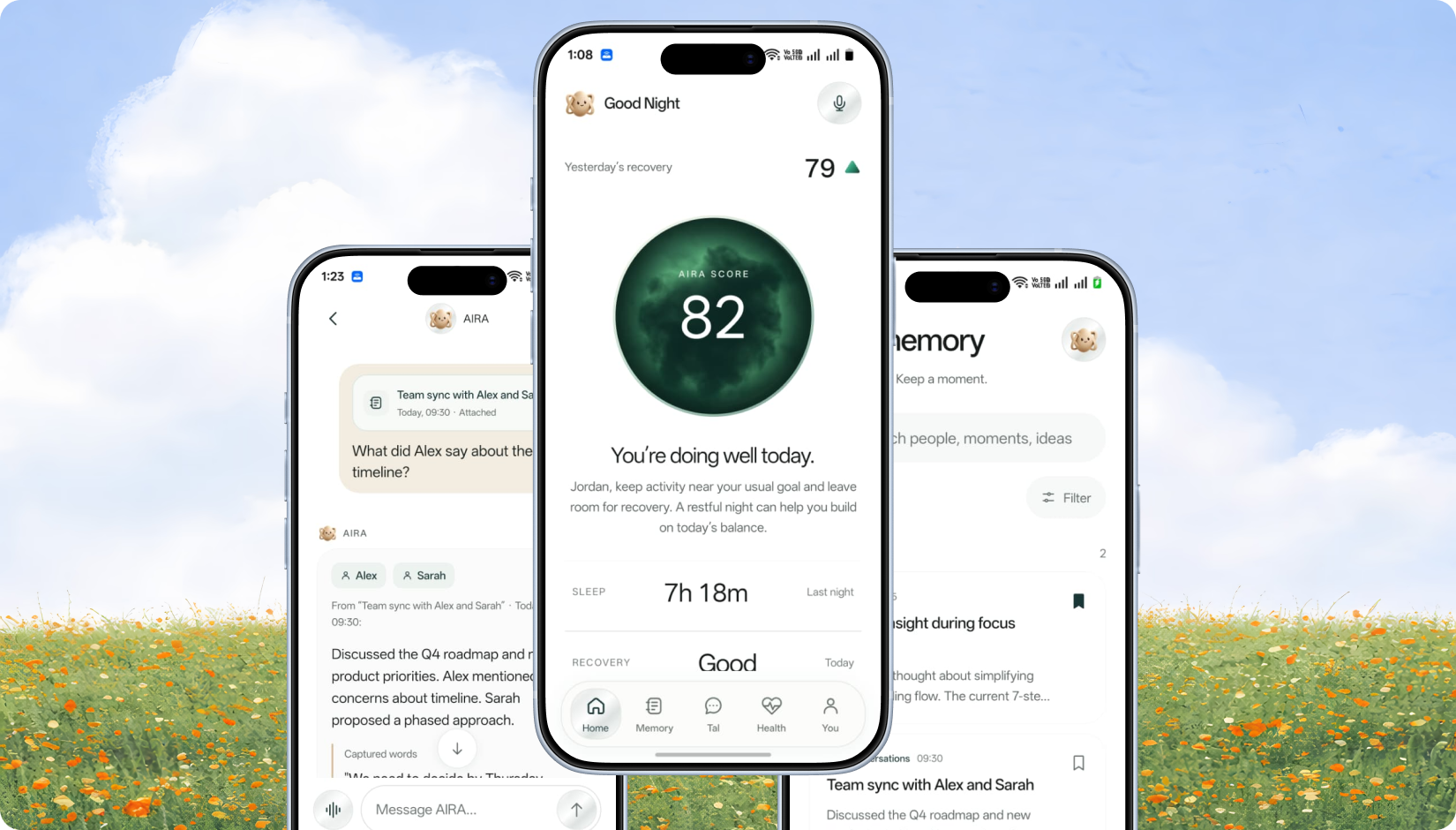 AIRA app preview showing a daily wellness score, conversation recall and saved memories